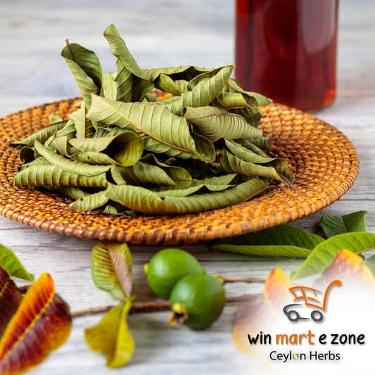 Dried organic guava leaves in a ceramic bowl for herbal tea, Win Mart E Zone Ceylon Herbs brand