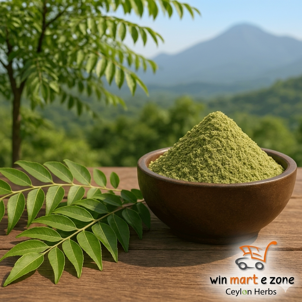 Premium organic Curry Leaf powder in a wooden bowl with fresh curry leaves on a wooden table, featuring a beautiful Ceylon mountain landscape background by Win Mart E Zone.