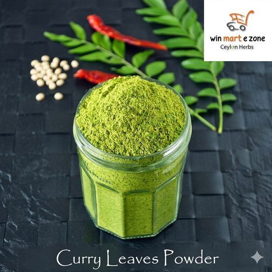 Vibrant green curry leaves powder in a glass jar with fresh curry leaves and dried chilies in the background, by Win Mart E Zone Ceylon Herbs